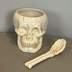 Skull Bowl with Skeleton Arm Spoon Decorative Halloween Dia de los Muertos Decor